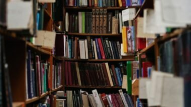 books on brown wooden shelf